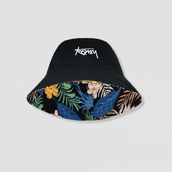 Dubbelsidig blommig fiskarehatt herr dam XL storlek bokstav stort huvud hatt sommar casual street solhatt Bob Panama black flower L(58-60cm)