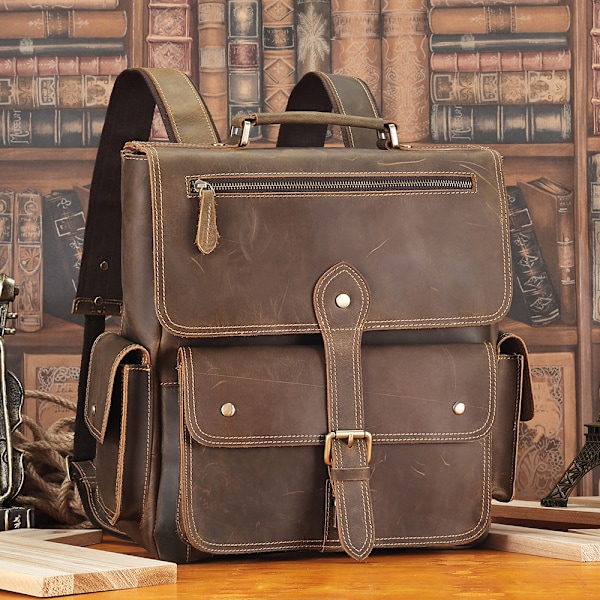 Ryggsäck Herr Crazy Horse Läder Retro Ryggsäck Stor Kapacitet Resväska Skolväska Datorryggsäck Herr 6587 Brun