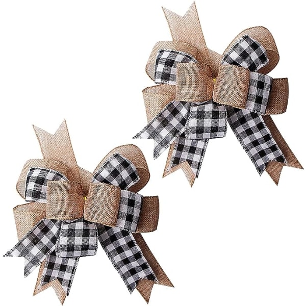 Jutesäckväv Rutig Rosett Svart Vit Rutig Krans Rosett Present Rosett Trädkronan för Bröllop Jul Entrédörr Väggprydnader Utomhusdekorationer 2Pack