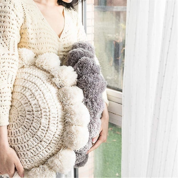 Rund Boho Kudde med Pompoms, Makrame Kudde Golvkudde Vävd Kudd