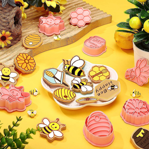 16 stk Bie-Kakeutstekere med Stempler Sett Mini Bie Honningkake Kake Stempler 3D Plast Kjeksform Fondant Kake Stempler