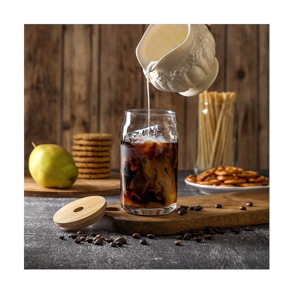 [6 stk sæt] Glaskopper med bambuslåg og - øldåseformede drikkeglas, 16 Oz iskaffe