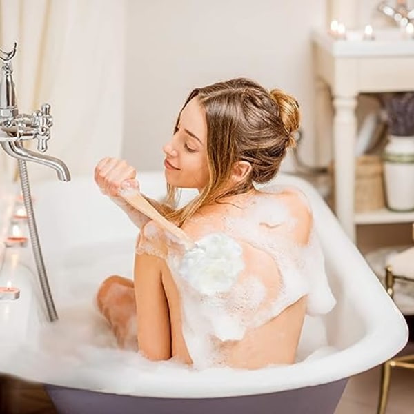 4 kpl Suuri kylpysieni Loofah-sieni pitkällä kahvalla suihkussa, kylpyruumis selkäharja, kylpyläharja naisille ja miehille (4 väriä)