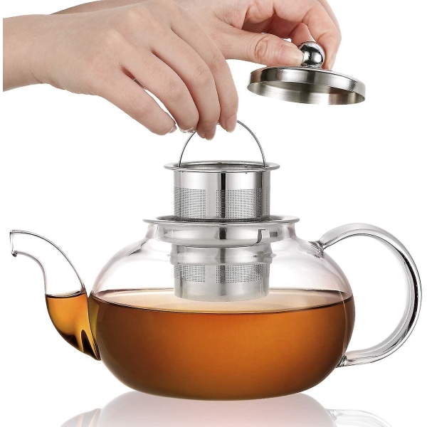 Glass tekanne med avtagbart lokk i rustfritt stål og teinfuser, 33 oz