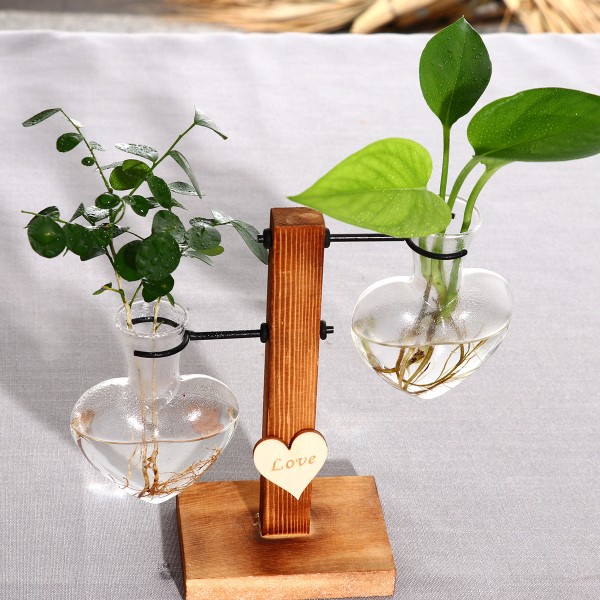 Glasplanteterrarium med træstativ, kreative dobbelthjerte-glashydroponiske vaser, moderne planteformeringsstation Desktop-plante-pærevase til