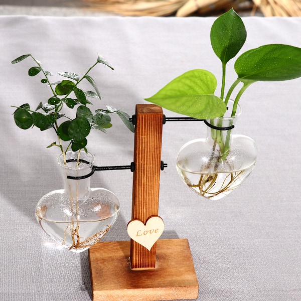 Glassplanteterrarier med trestativ, kreativ dobbelt hjerte glass hydroponiske vaser, moderne planteformeringstasjon skrivebordsplanter pære vase for