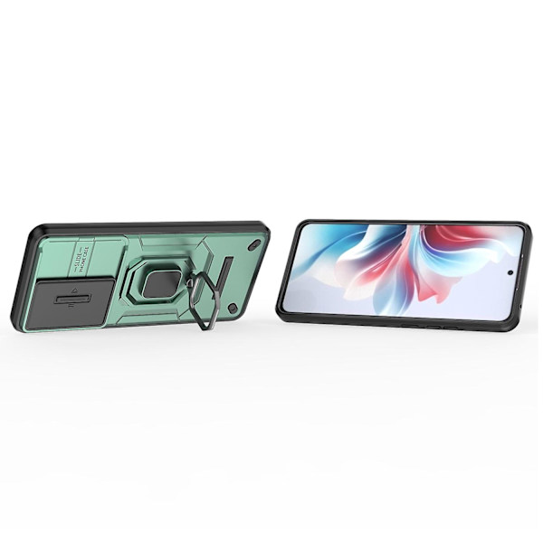 Mobilfodral för Oppo Reno11 F 5G med Ringstativ, PC+TPU Bakskal med Skjutbar Kameraskydd - Grön
