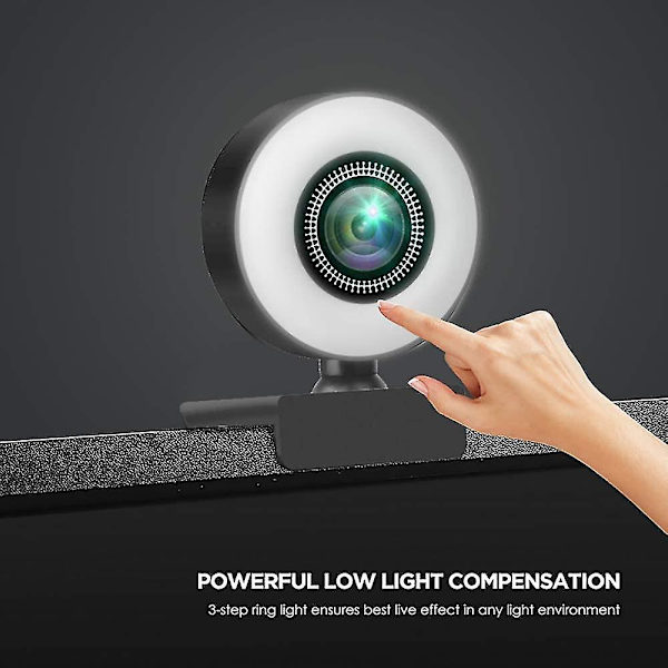 360 roterande 4k HD-webbkamera med mikrofon, kontakt LED-försköningsringljus, autofokus webbkamera