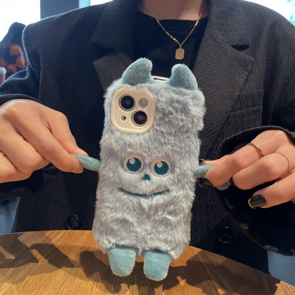 Fluffigt case för iPhone 13 för flickor Tonåringar Barn Kawaii Cartoon 3D Animal Fuzzy Furry Varmt plysch case Mjukt silikon Stötsäkert case Co