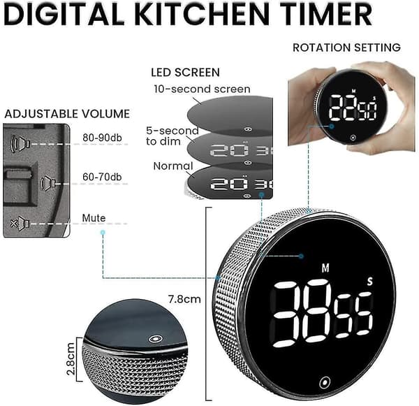 Kök Timer, Digital Timer LCD-display, Minuträknare med magnetisk, roterande nedräkning, Timer används för matlagning, grillning, lärande