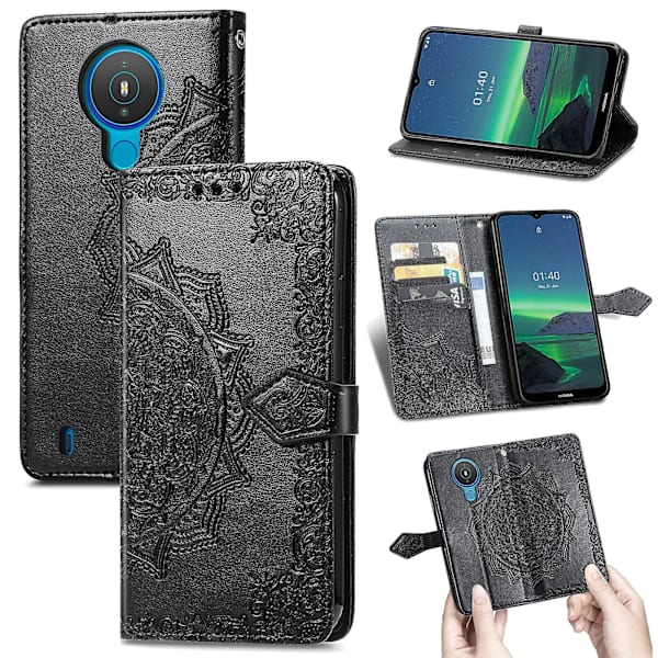 Veske til Nokia 1.4 Cover Lærlommebok Deksel Emboss Mandala Magnetic Flip Protection Støtsikker - Svart