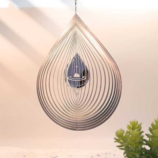 Vindsnurra 3D Rostfritt Stål Metallskulpturer Dekorationer, 3D Vattendroppar Metall Vindsnurror & Spinnare för Inomhus Utomhus Trädgårdsdekoration