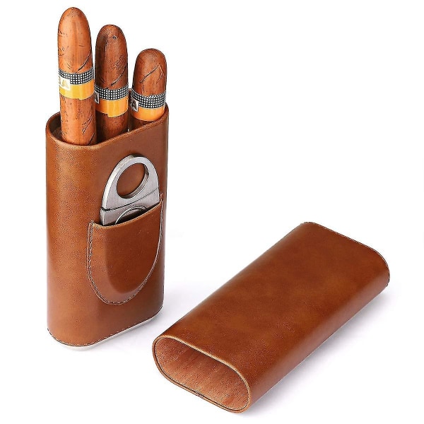 Premium case av läder - case för 3 cigarrer | Inkluderar cigarrskärare | Invändig finish i cederträ