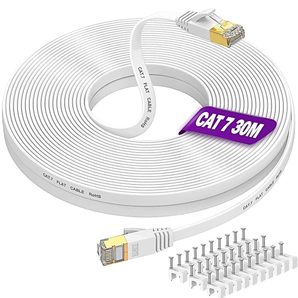 Lång Ethernet-kabel 30m, Cat 7 Hög Hastighet Platt Internetkabel 30 Meter Nätverkskabel Vit 10gbps 600mhz Rj45 Kabel 100ft Skärmad