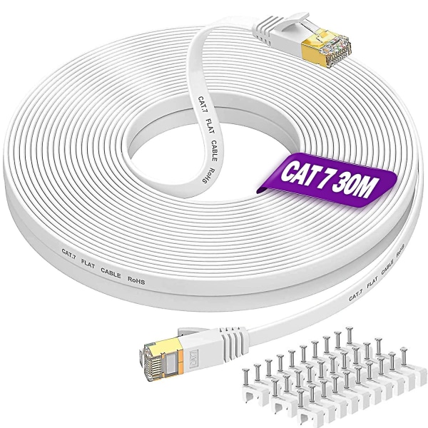 Lång Ethernet-kabel 30m, Cat 7 höghastighets platt internetkabel 30 meter nätverkskabel Vit 10gbps 600mhz Rj45-kabel 100ft Shielde