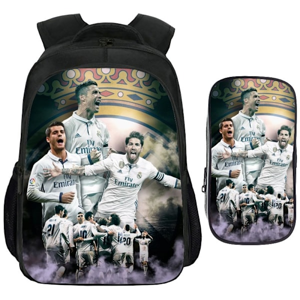 Fotbollsstjärna skolväska Neymar/Messi/Mbappe2 set (skolväska + fodral) svart 41CM white