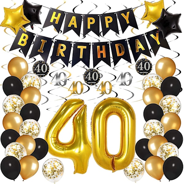40-årsdagspynt for menn og kvinner, svart og gull festdekorasjonssett - Happy Birthday-banner, svarte og gullballonger, konfettiballonger, virvler