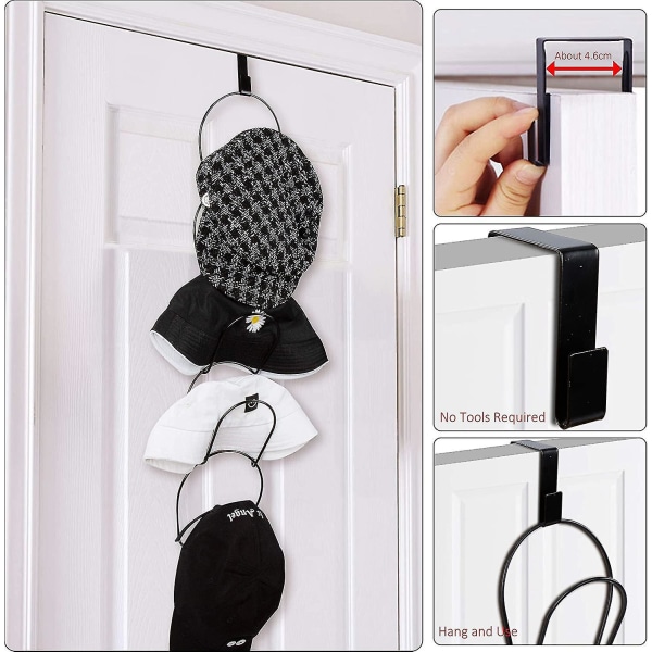 5 rengas metallinen hattuteline Monikerroksinen hattuteline Oveen kiinnitettävä vaateteline, jossa 1 oven koukku baseball-lippisille Pyyhkeet Huivit (musta)