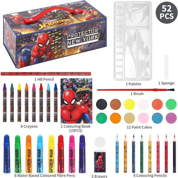 Spiderman Lasten 52-osainen Väri- ja Taidetarvikesetti Vesiväri-huopakynien, Värikynsien ja Lyijykynsien kanssa Matkakokoelma Lapsille