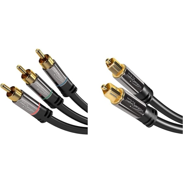 3m komponentkabel og 3m optisk digital lydkabel/toslink-kabel (toslink til toslink, fiberoptisk kabel, for hjemmekino, PS4, X