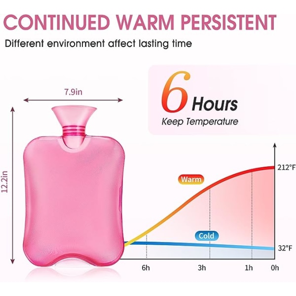 Klassisk transparent varmvattenflaska i gummi 2L hög densitet med stickat överdrag (rosa)