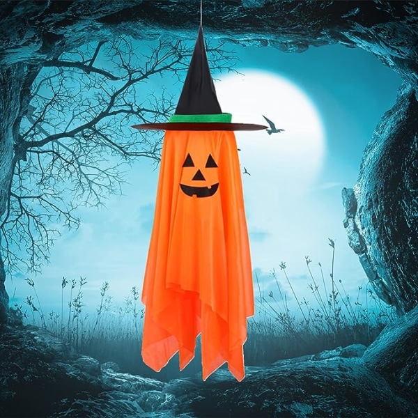 Halloween-dekorasjoner, Enkelt forhåndsinstallert oransje gresskar-trollmannshatt Halloween-dekor, Hengende gresskarpynt for hjemmet, hagen, fest, innendørs og utendørs