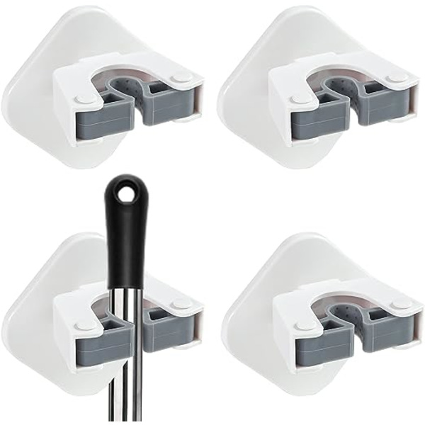 Kostophængning Væghængt Selvklæbende Ingen Boring Super Anti-Slip 4 Pak Kost Gripper Holder Passer til Hjem Badeværelse Køkken Have Garage Moppe River