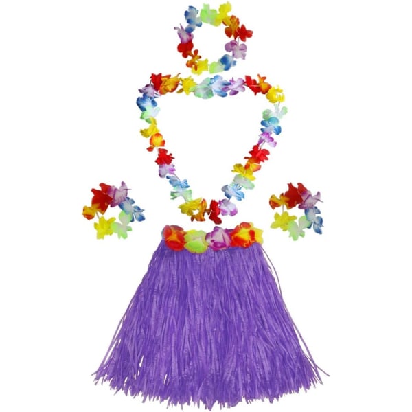 Jentes elastiske Hawaiian Hula-danser-gressskjørt med blomsterkostymesett - Lilla bursdagsdekorasjoner til tropiske fester