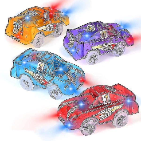 4 Pack erstatningsbanebiler lyser op legetøjsracerbiler med 5 LED-blinkende Ruikalucky