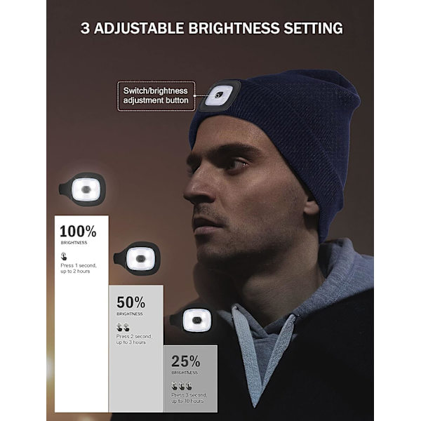 LED-lue med lys, unisex USB-oppladbar håndfri 4 LED hodelykt lue vinterstrikket nattbelyst lue lommelykt kvinner menn gaver til pappa ham