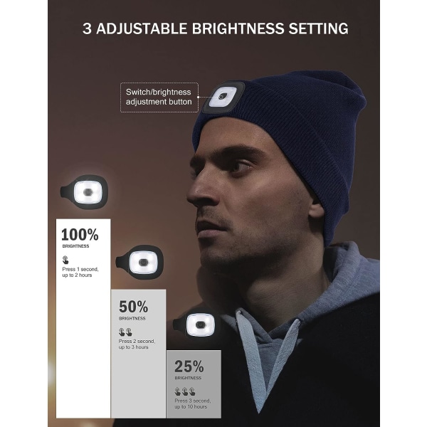 LED-mössa med ljus, unisex USB-uppladdningsbar pannlampa vinter stickad mössa presenter till män pappa make honom (mörk orange)