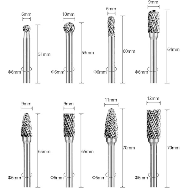 Roterende Kutter, Dobbeltkutter Tungstenkutter, 8 Stykker Solid Karbidstål Dobbeltkutter