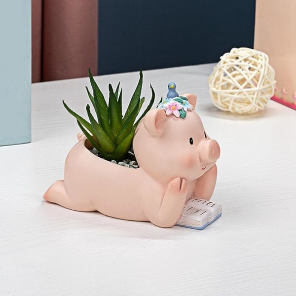 Succulent Pot Planters Plant Pot Resin Tiny Pot Container Animal Shaped Cute Pig for Home Decoration Gift Indoor Office, Lying Down