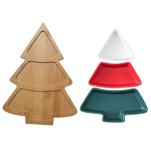 1 set julgranformade uppdelade snacks tallrikar med bambu bricka jul snacks servering tallrik