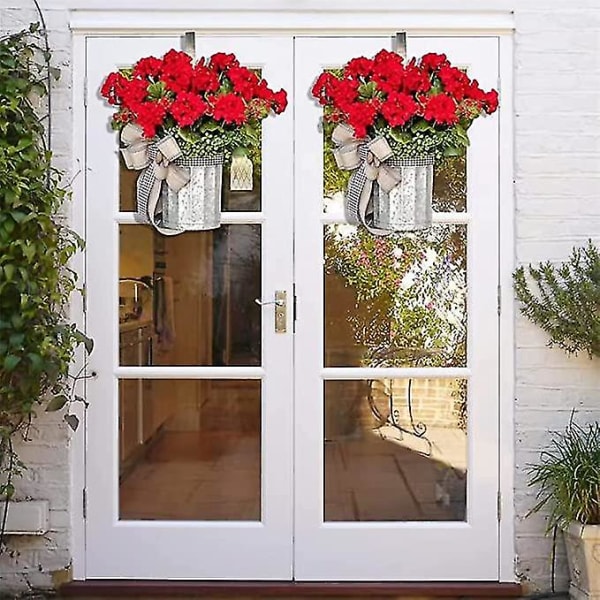 Geranium Bucket Garland koriste seppele, kodin oven ja ikkunan koristeellinen seppele, tervetuloa kaunis kevät 1 kpl punainen