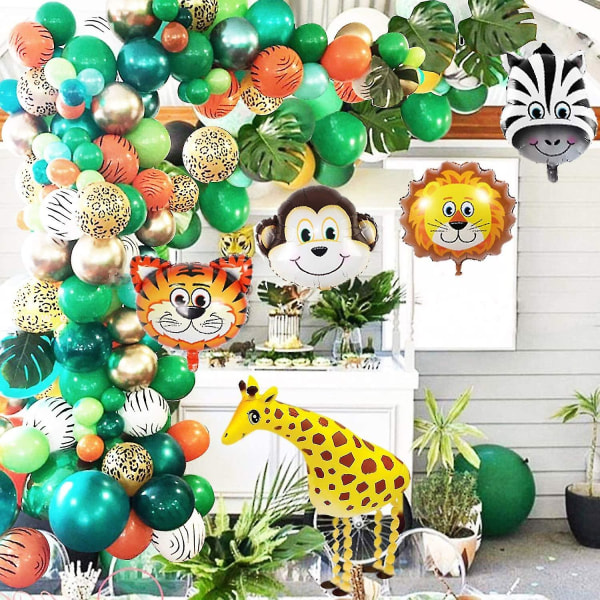 Jungle Safari temafest ballongkranssett, 151 pakke med dyreballonger og palmer