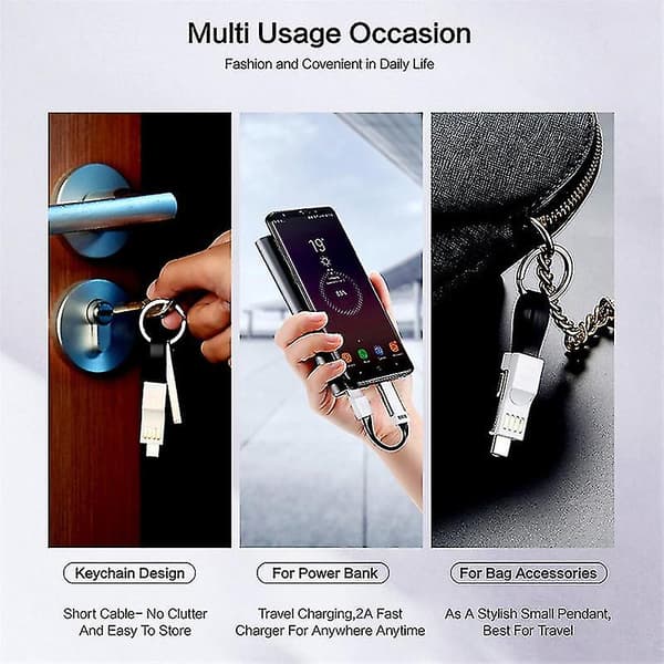3-i-1 Mini Nyckelring Laddare USB-kabel Micro USB Typ C Lightning-kabel