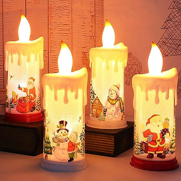 Flamlösa ljus, jul-ljusvarma vita flamlösa ljus med snögubbe tomten mönster batteridriven Xmas nattlampa för fest Chri