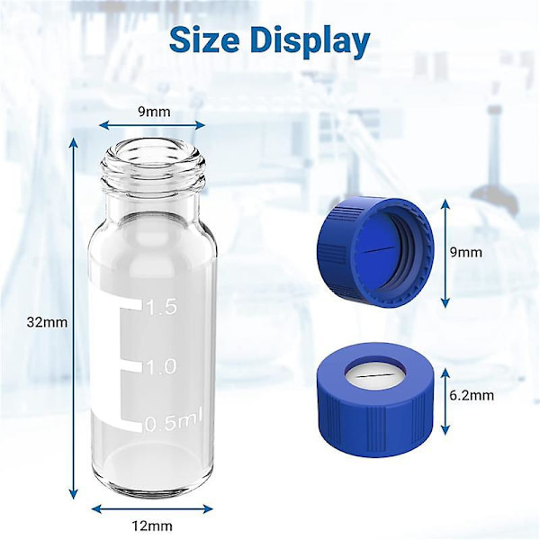 2 ml Autosampler-flaskor, 100-pack - HPLC-flaskor 9-425 klara flaskor med blå skruvlock, blå vita septum