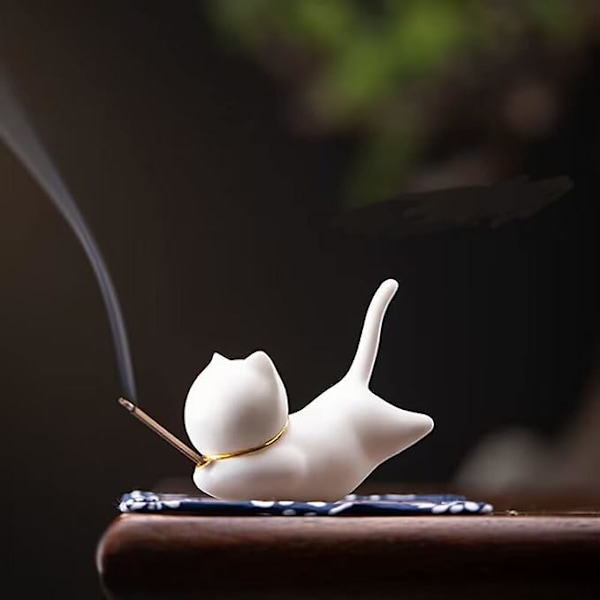 Kat Røgelseholder med Måtte Sød Keramisk Røgelsebrænder til Pinde Røgelse Askefanger til Hjem, Kontor, Yoga Meditation Stress Relief Gave til
