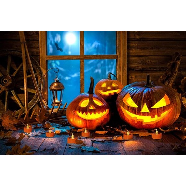 Halloween 12 stk Orange LED Teelys Gresskar Smilende Ansikt Trykk Varmt Hvit Flimrende Batteridrevet Flammeløse Lys for Hjemmedekor Jul