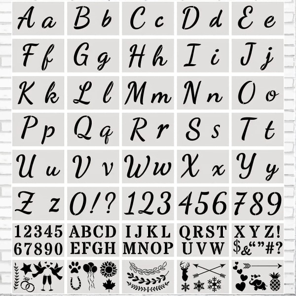 Uudelleenkäytettävä muovinen aakkosten kirjainkaavain numeroiden stensiili, jossa isot ja case kirjaimet numerot ja kyltit (40 kpl)