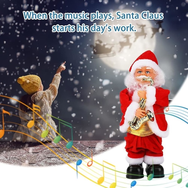 Dansende syngende julenisseleke, elektrisk julenissepynt Spille saksofon med musikk og riste kroppsføtter til julepynt