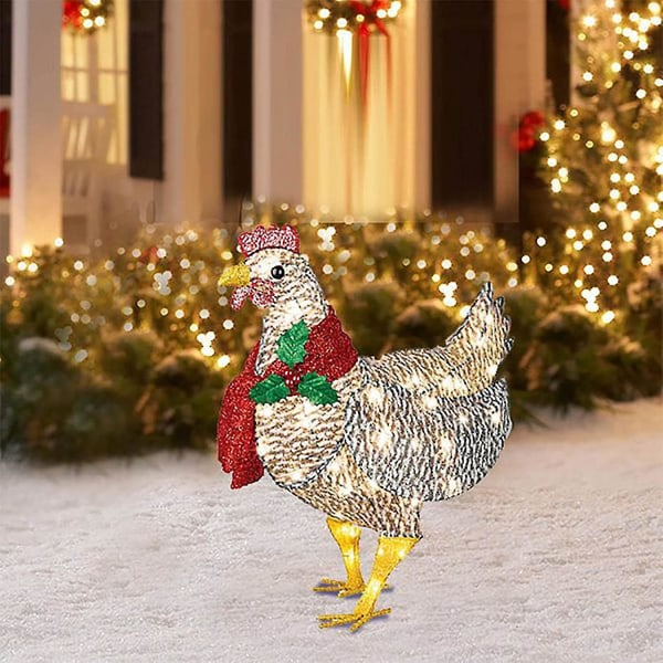 1 tændt kylling med tørklæde feriepynt, udendørs led julepynt metal Chris