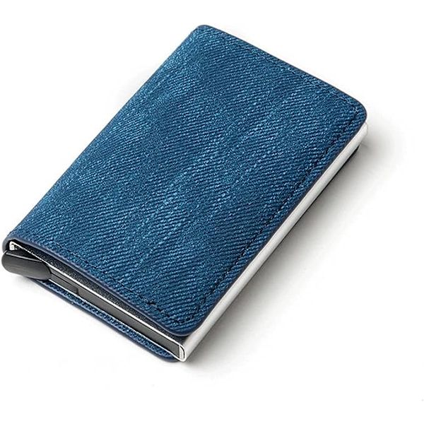 Pengklipp Mini Slim Anti-Stöld Koppling Enstaka Låda Män Kvinnor Plånbok Blockering Korthållare Denim Business Pop-up Metall ID-fodral (Färg: Blå)