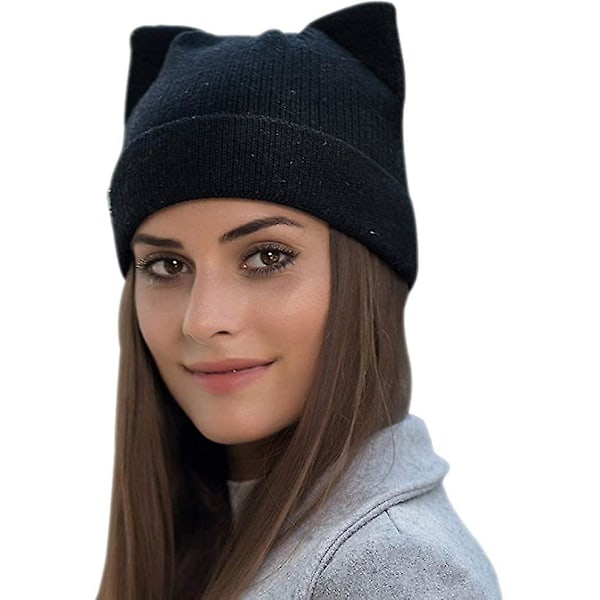 Dam vinter stickad mössa varm mode mössa katt öra mössa