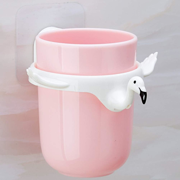 Tandborsthållare för badrum, hemmagjord tandmugg väggmonterad gurgelkopp Flamingo tandborsthållare tecknad film tandborsthållare (rosa)