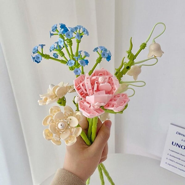 Simuleringsbyggstenar blomma tulpan ros solros krukbukett mini blomsterblock DIY barnmontering leksaker flickgåva