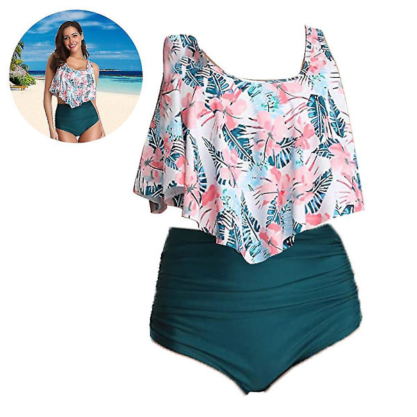 Sommerkvinders blomstrede trykte flæse med høj talje bikinissæt kvinders mavekontrol badedragt badedragt flounce peplum