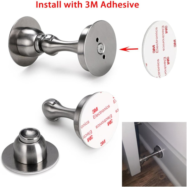 Magnetisk dørpropholder i rustfrit stål med Catch 3M selvklæbende/skjulte skruer monteret, gulv- eller vægmonteret - stærkt magnetdesign (sølv)